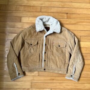 Levis Premium Tan Corduroy Sherpa Lined Trucker Jacket Cropped Camel Mens Small
